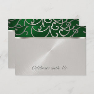 Convite Quinceanera Emerald Green Silver Filigree Swirls