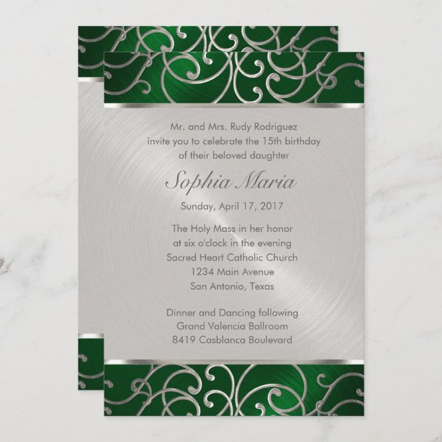 Convite Quinceanera Emerald Green Silver Filigree Swirls (Frente/Verso)