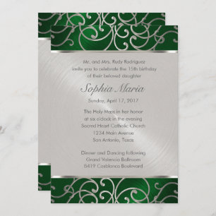 Convite Quinceanera Emerald Green Silver Filigree Swirls