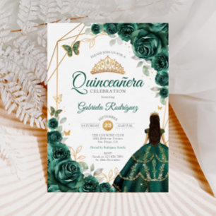 Convite Quinceanera Emerald Green Vestido Dourado