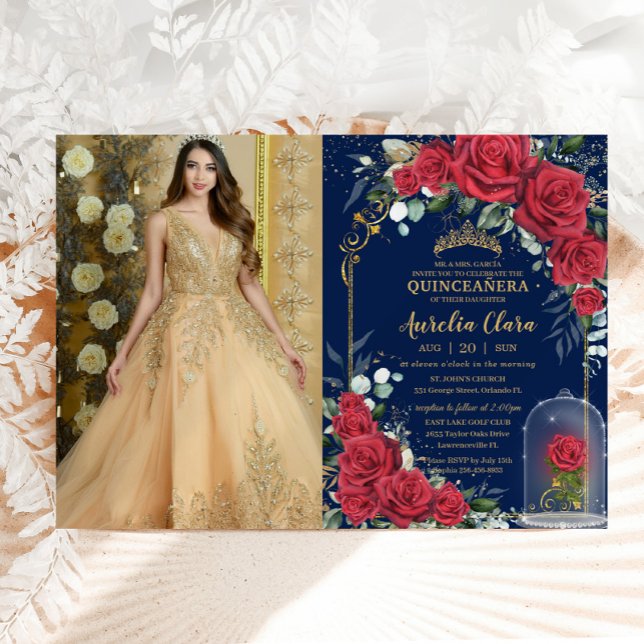 Convite Quinceañera Encantada Rosa vermelha Floral Marinho (beautiful enchanted rose fairytale red roses cloche Quinceañera Sweet 16 birthday photo invitation)