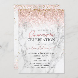 Convite Quinceañera, Escrita na Estrela, Marble+Rosa Doura