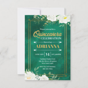 Convite Quinceanera Esmeralda Verde Aquarela Floral Branco