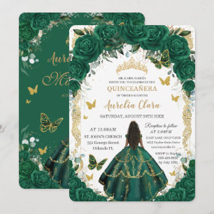 Convite Quinceañera Esmeralda Verde Floral Marrom Princesa