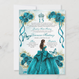 Convite Quinceañera Espanhola Aqua Azul Turquesa 15 Anos P