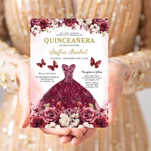 Convite Quinceanera Espanhola Dourada Floral (Criador carregado)