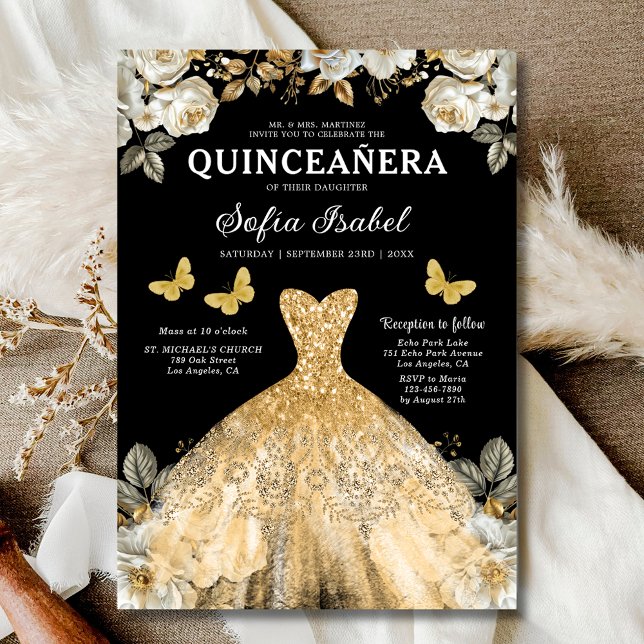 Convite Quinceanera Espanhola Dourada Floral (Criador carregado)
