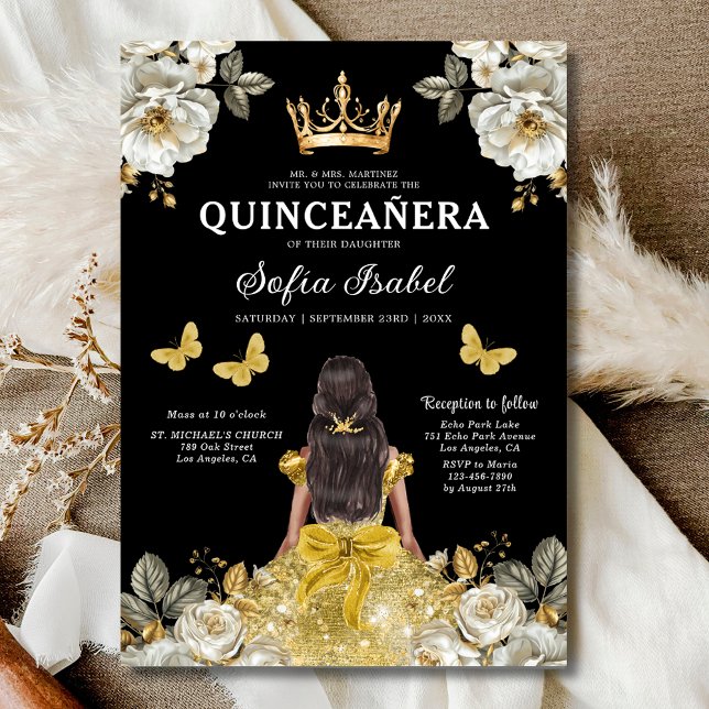 Convite Quinceanera Espanhola Dourada Floral (Criador carregado)