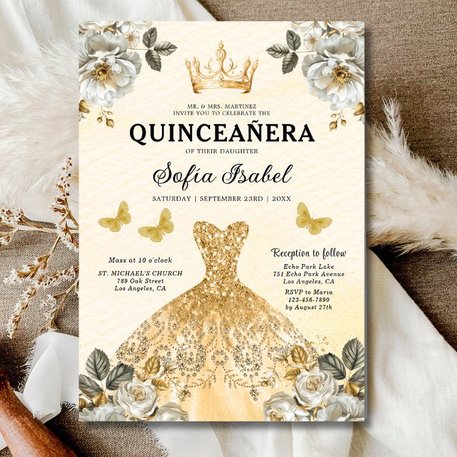 Convite Quinceanera Espanhola Dourada Floral (Criador carregado)
