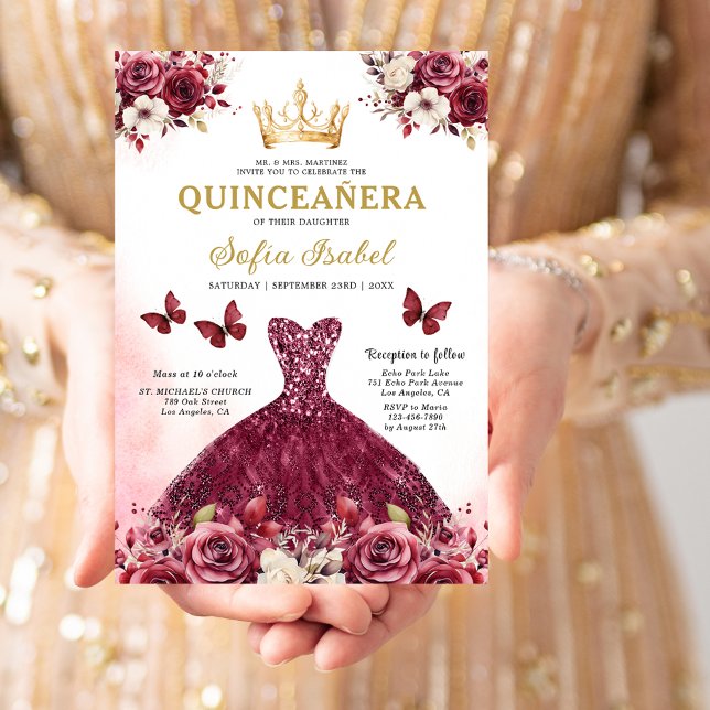 Convite Quinceanera Espanhola Dourada Floral (Criador carregado)