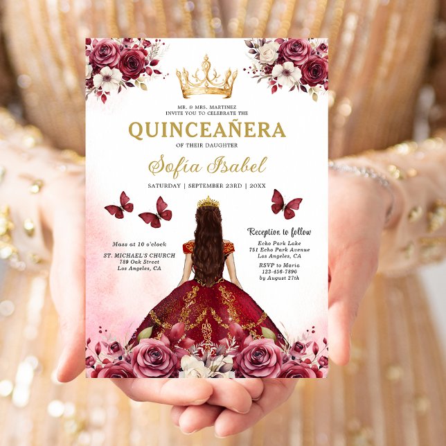 Convite Quinceanera Espanhola Dourada Floral (Criador carregado)