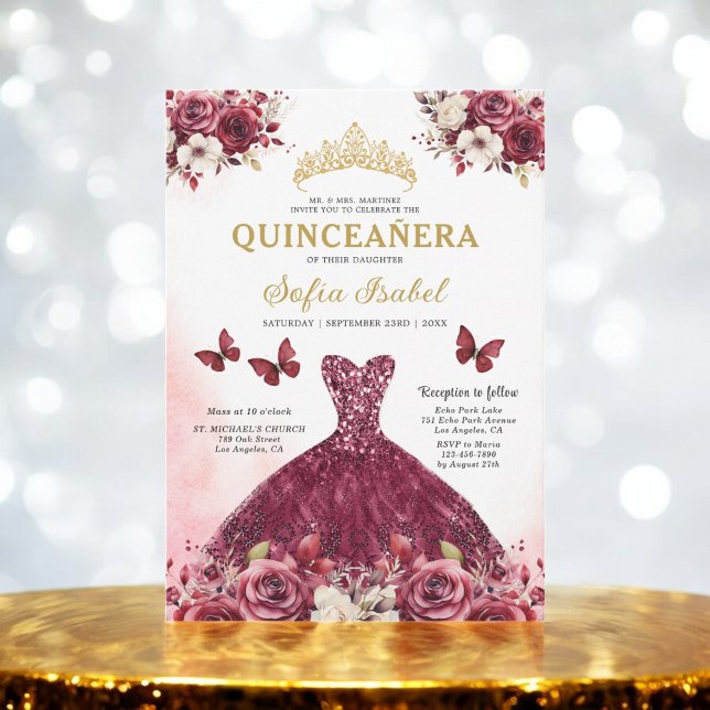 Convite Quinceanera Espanhola Dourada Floral (Criador carregado)