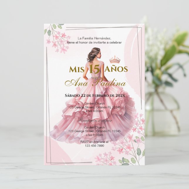 Convite Quinceañera Espanhola Rosa Floral (Em pé/Frente)