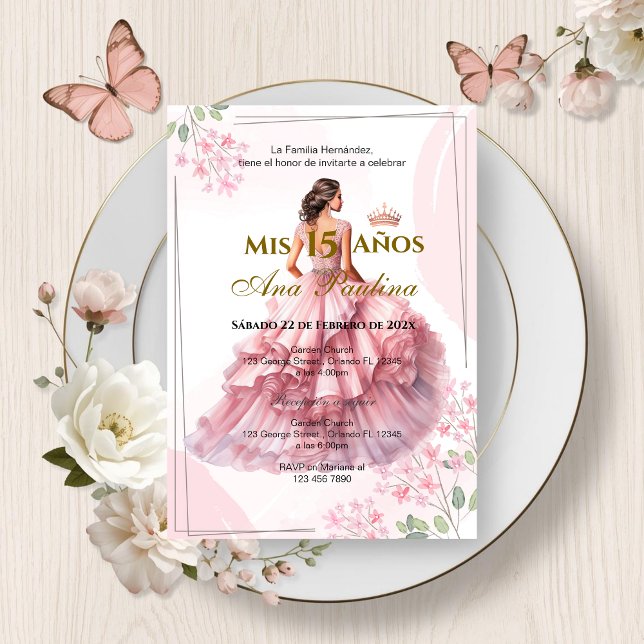 Convite Quinceañera Espanhola Rosa Floral (Criador carregado)