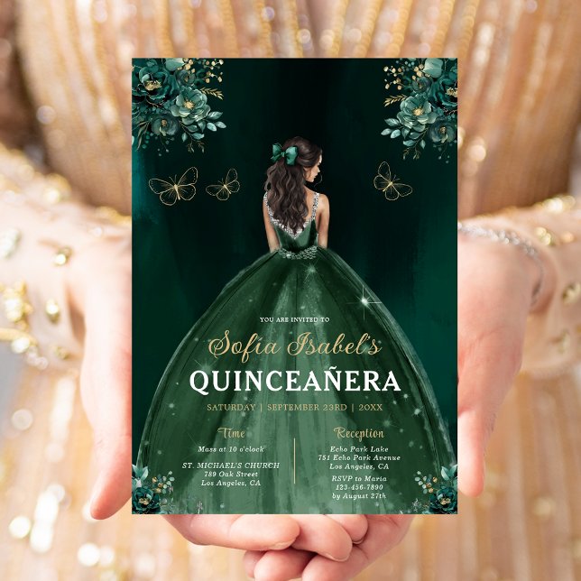 Convite Quinceanera Espanhola Verde Floral Bilíngue (Criador carregado)