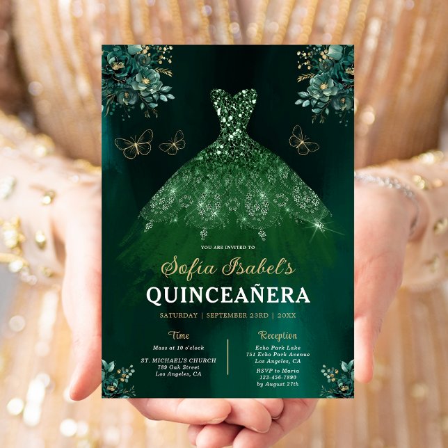 Convite Quinceanera Espanhola Verde Floral Bilíngue (Criador carregado)