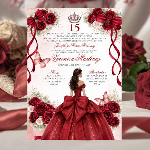 Convite Quinceañera Espanhola Vermelho Borgonha 15 Anos Pr