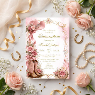 Convite Quinceañera estilo cowboy elegante rosa e dourado
