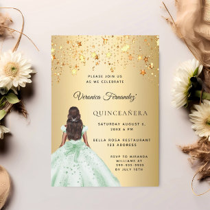 Convite Quinceanera - estrelas de vestido de ouro verde
