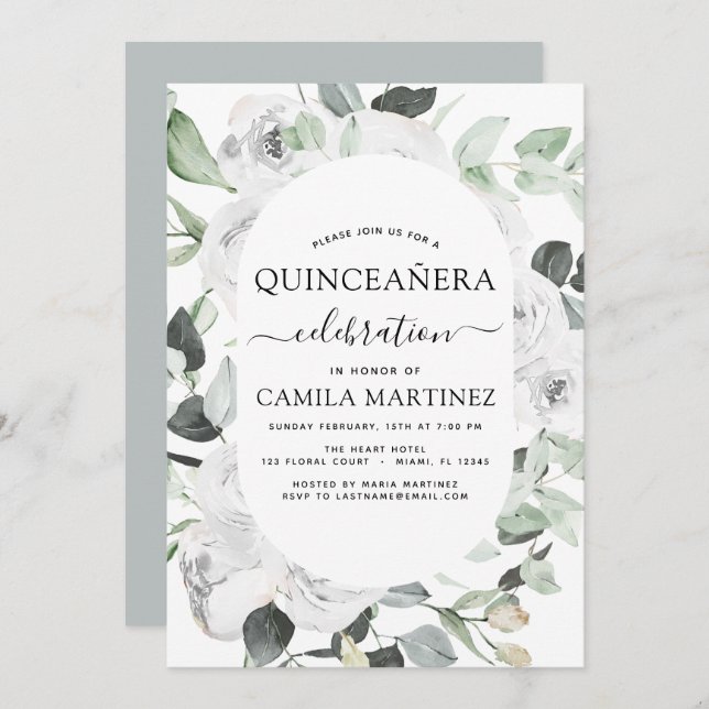 Convite Quinceañera Eucalyptus Rosas Brancas Florais (Frente/Verso)