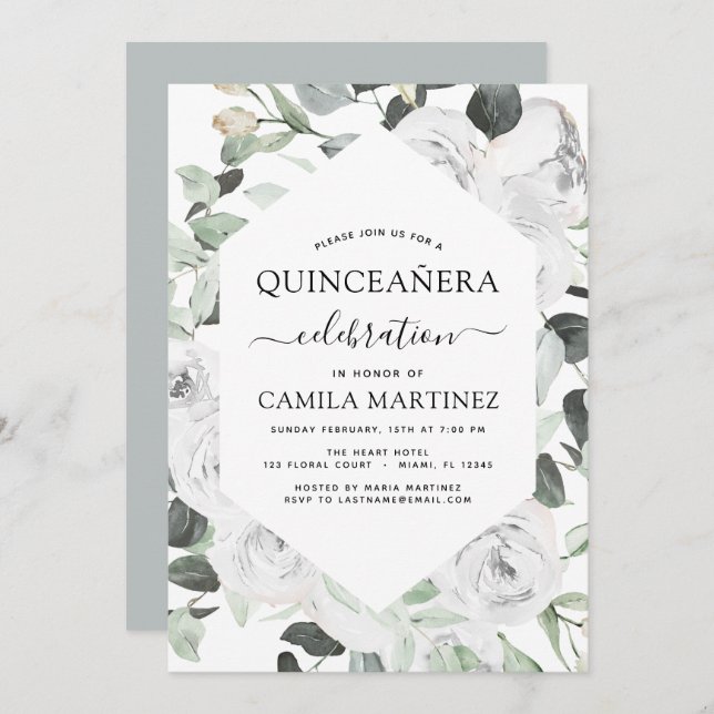 Convite Quinceañera Eucalyptus Rosas Brancas Florais Invit (Frente/Verso)