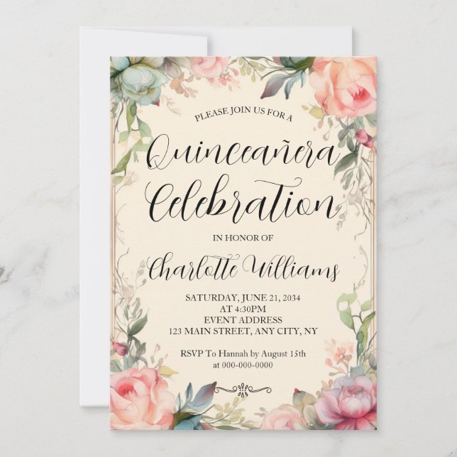 Convite Quinceañera Fairytale 15 Floral Aniversário (Frente)