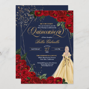 Convite Quinceañera, Fairytale Vermelho e Dourado Encantad