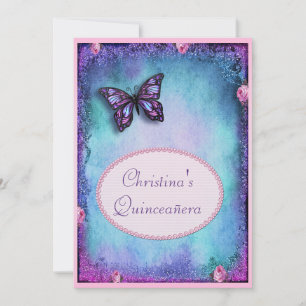 Convite Quinceañera Faux Glitter, Borboleta, Rosas e rend