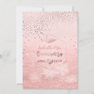 Convite Quinceanera/Faux Rosa Dourado Confetti+Snow Bokeh
