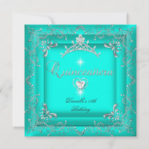 Convite Quinceanera Festa de 15 Anos Tiara Azul Teal Prata