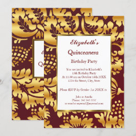 Convite Quinceanera Festa de aniversário Dourada burgundy