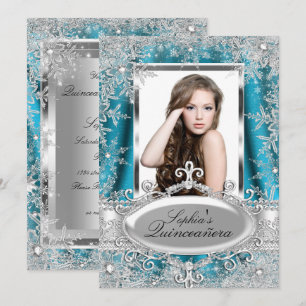 Convite Quinceanera Floco de Neve Joia Brilho Prata Turque