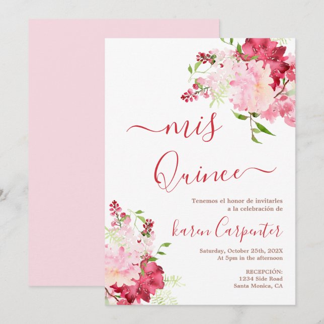 Convite Quinceanera, flor rosa vermelha (Frente/Verso)