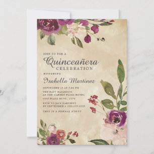 Convite Quinceañera Floral Água-fortes Rosa Roxo Rústico