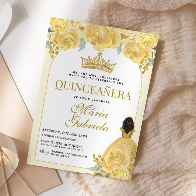 Convite Quinceanera Floral Amarelo Dourada Mis Quince Anos (Criador carregado)