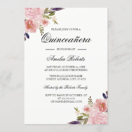 Convite Quinceanera Floral Aquarela Peônias Rosa Roxo