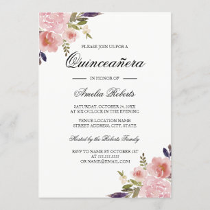 Convite Quinceanera Floral Aquarela Peônias Rosa Roxo