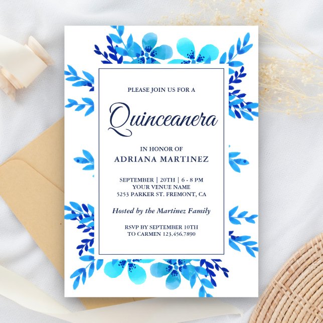 Convite Quinceanera Floral Azul Brilhante Moderna (Criador carregado)