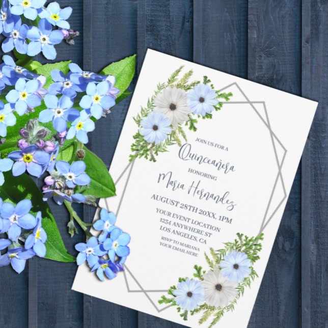 Convite Quinceañera Floral Azul Claro e Branco Rústico (Criador carregado)