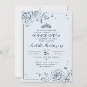 Convite Quinceañera Floral Azul Desbotado