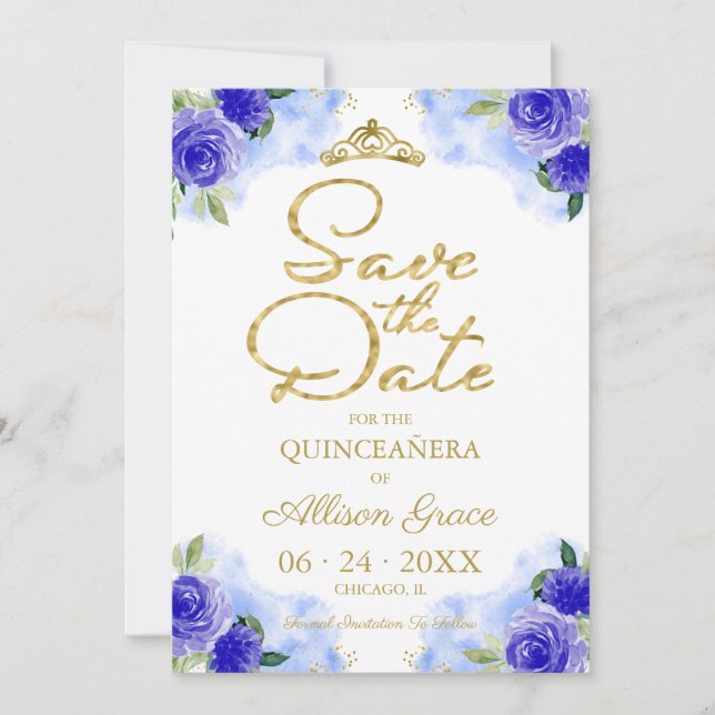 Convite Quinceanera Floral Azul Dourada Salva A Data (Frente)