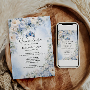 Convite Quinceañera Floral Azul e Marfim