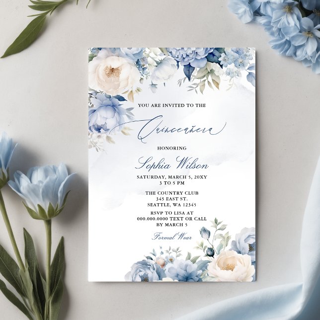 Convite Quinceañera Floral Azul Elegante Moderna Dusty (Elegant Modern Dusty Blue Floral Quinceañera Invitation)