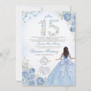 Convite Quinceañera Floral Azul Princesa Elegante
