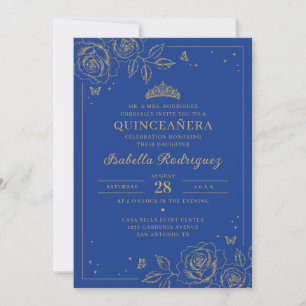 Convite Quinceañera Floral Azul Real Dourado