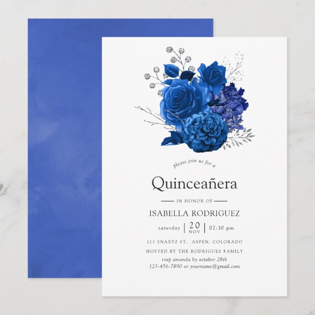 Convite Quinceañera Floral Azul Real e Prata (Frente/Verso)