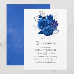 Convite Quinceañera Floral Azul Real e Prata