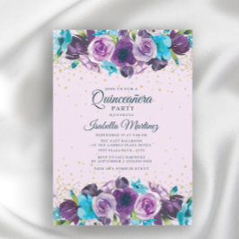 Convite Quinceañera Floral Azul Roxo Dourado Brilhante 