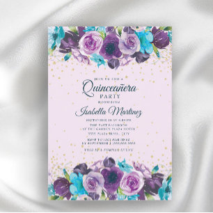 Convite Quinceañera Floral Azul Roxo Dourado Brilhante 