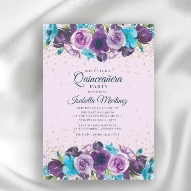 Convite Quinceañera Floral Azul Roxo Dourado Brilhante  (Criador carregado)
